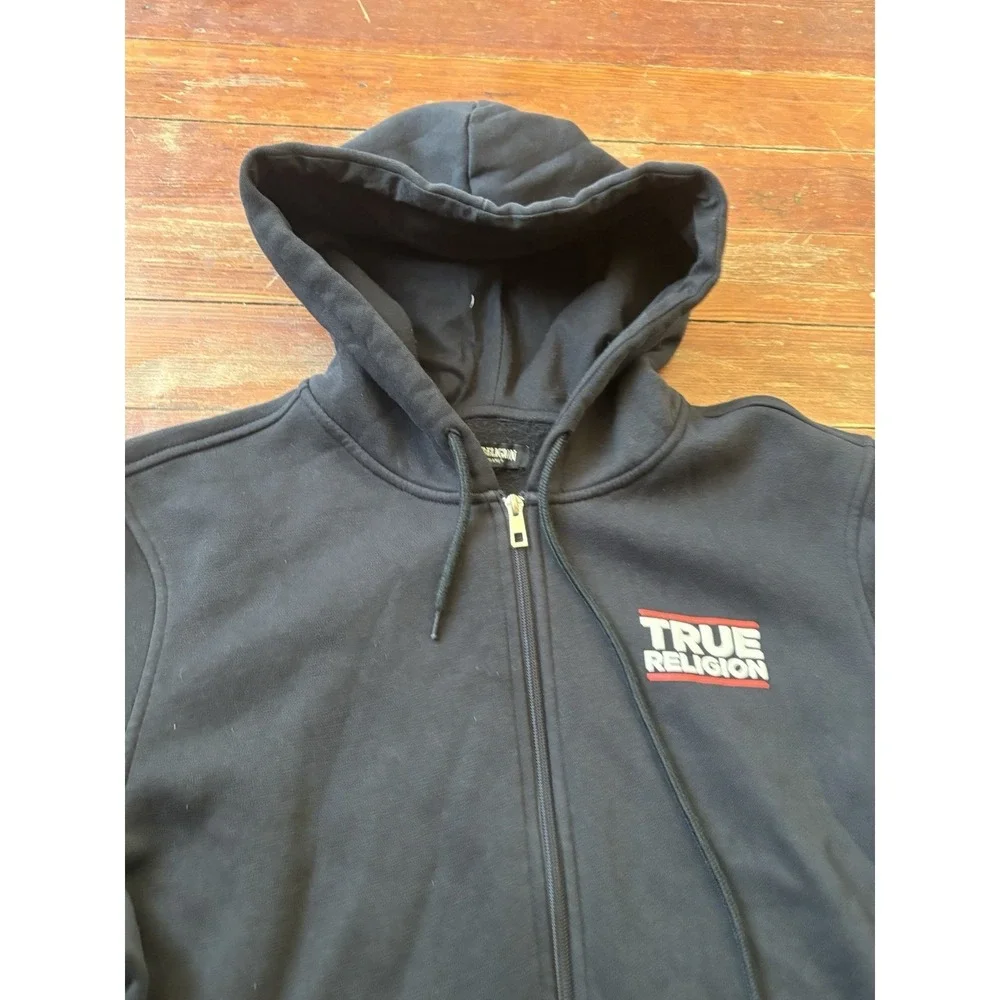 True Religion Full Zip Up Black Graphic Logo Hoodie Men's XXL Y2K Pullover
